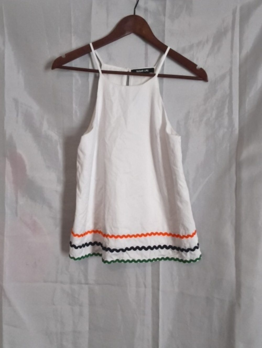 Sugarlips White Spaghetti-Strap Cami with Orange, Navy & Green Trim